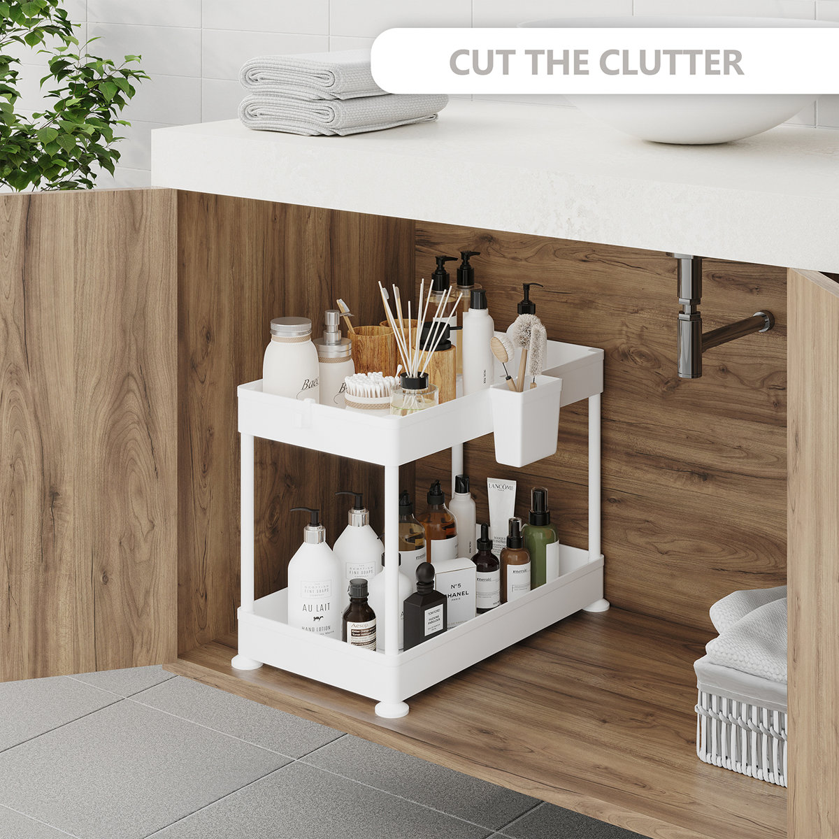 StorageBud Non-Slip Grip Kitchen Under Sink Organizer - Bathroom Cabinet Organizer with Side Caddy (Set of 2)